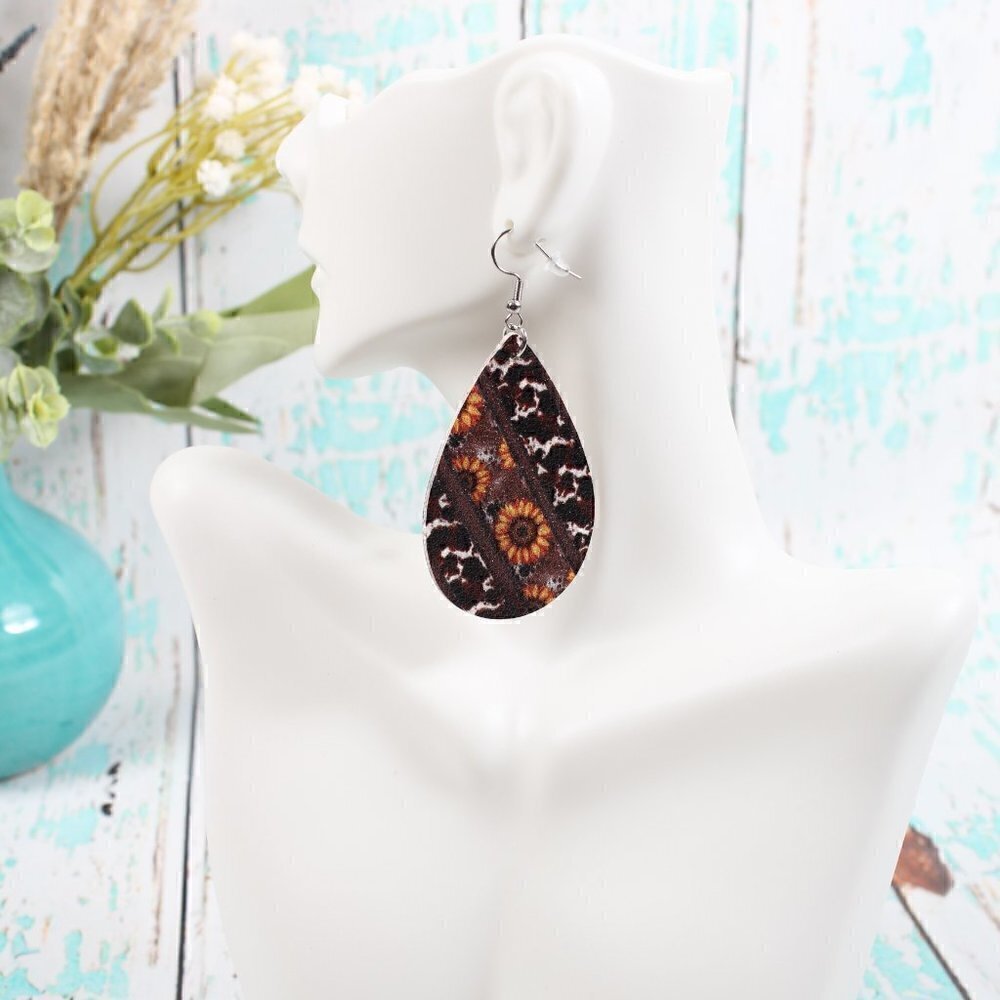 Sunflower Animal Print Tear Drop Earrings, New